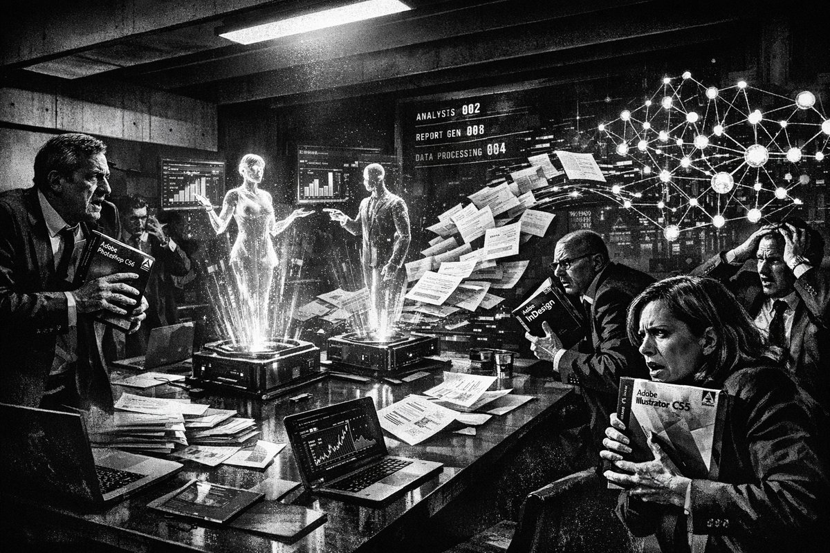 Business professionals using digital finance tools and software on multiple screens showing declining stock charts