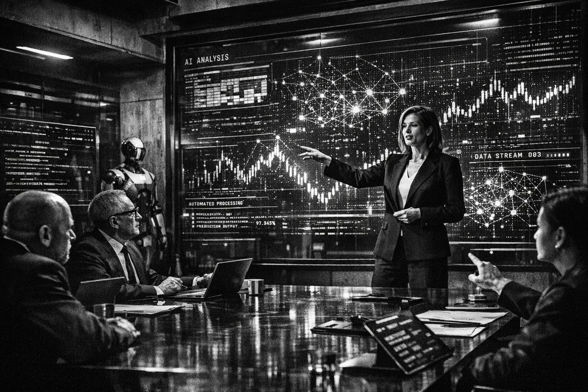 Modern office environment showing financial professionals working with AI-powered dashboards and data visualization screens, representing the transformation of traditional finance into technology-driven operations