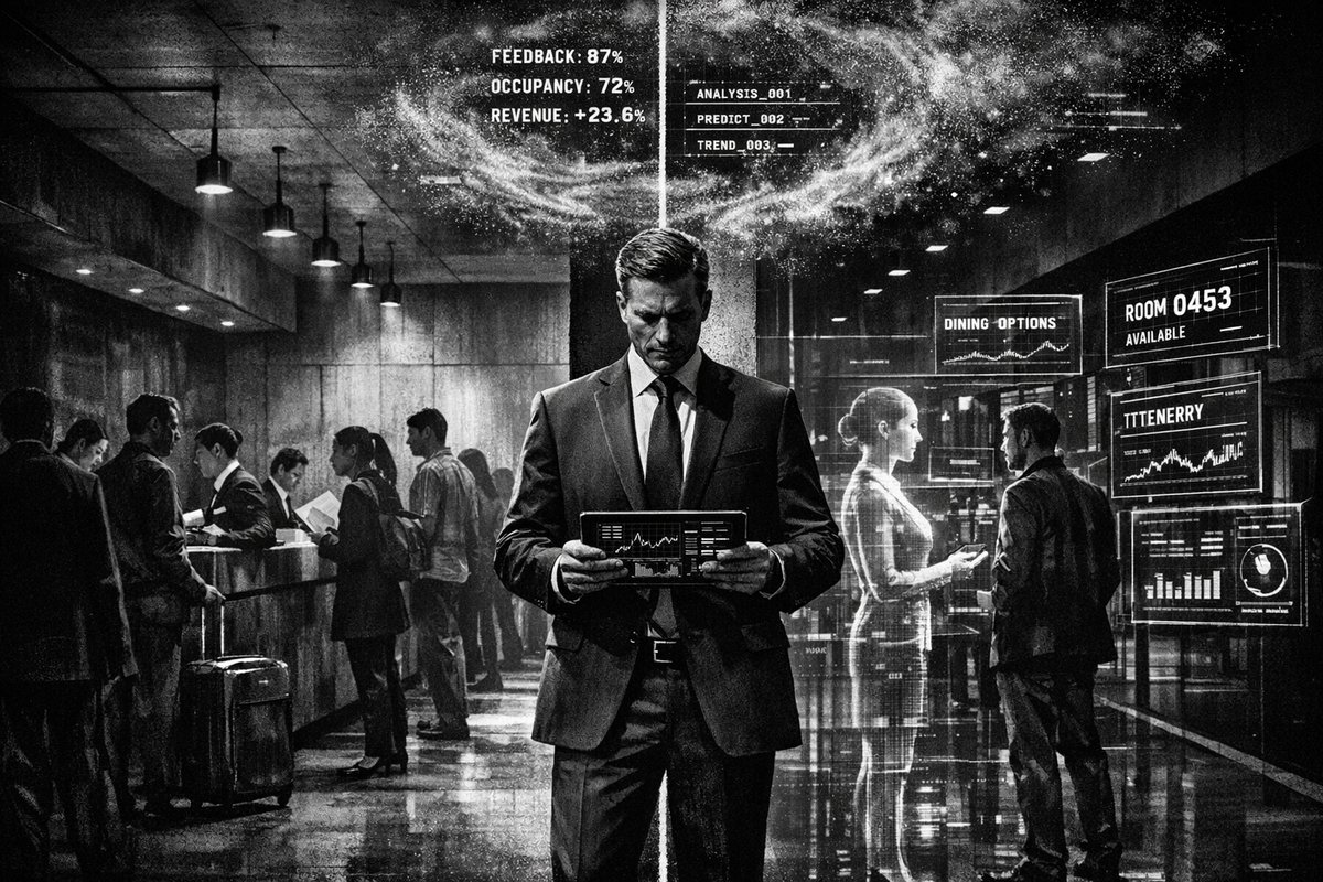 Futuristic hotel lobby with AI interface displays and automated systems representing agentic AI technology in hospitality