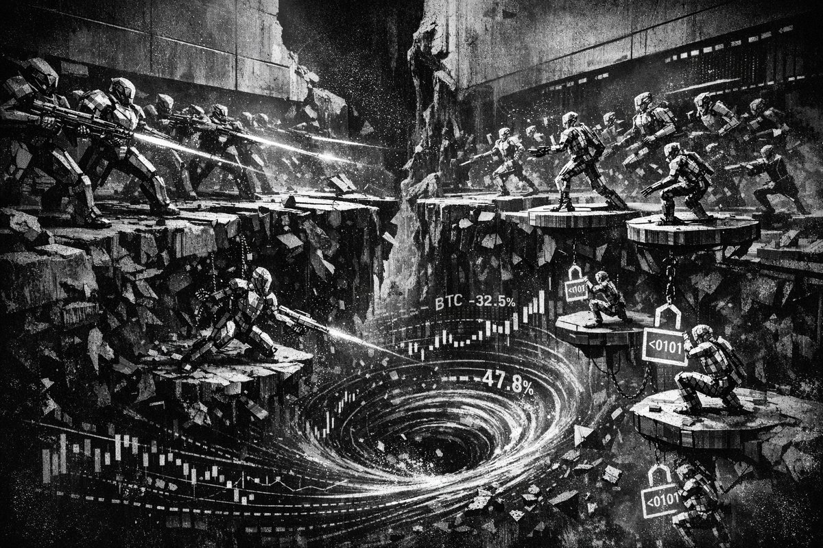 Cryptocurrency trading charts showing dramatic price declines with AI and blockchain technology symbols overlaid