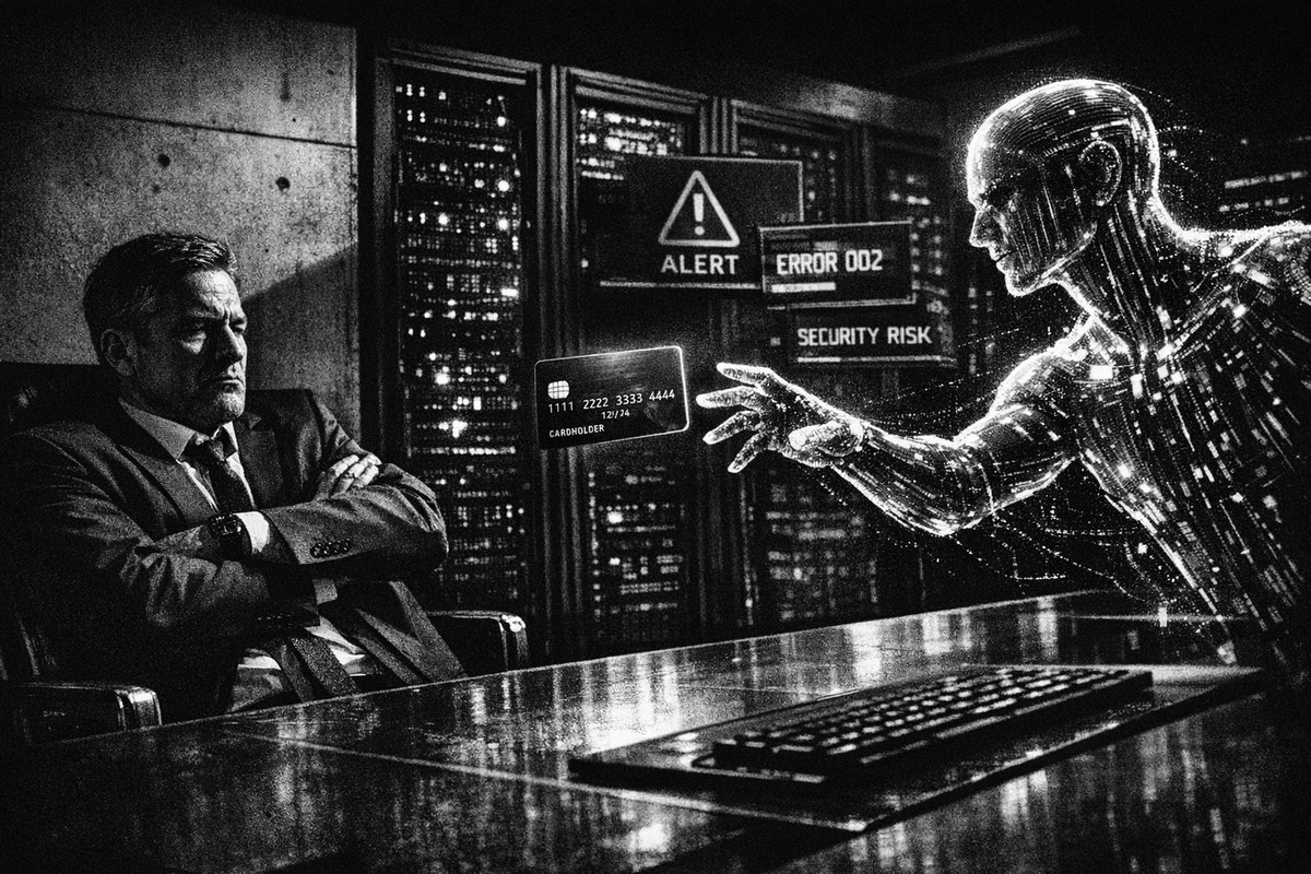 Conceptual image showing AI agents and financial security, with digital representations of credit cards, AI systems, and security shields