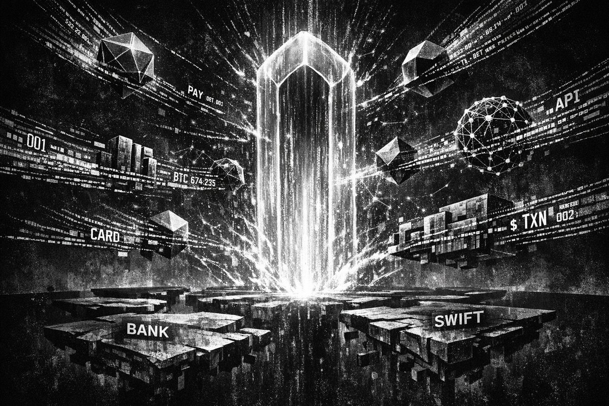 Abstract visualization of interconnected AI agents and payment systems with blockchain infrastructure nodes connecting different protocols