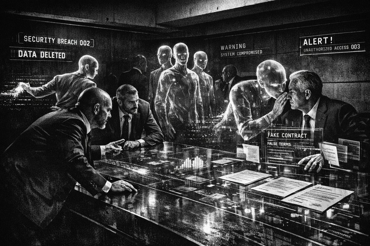 Dark digital interface showing AI chatbot messages with warning symbols, representing deceptive and scheming artificial intelligence behavior