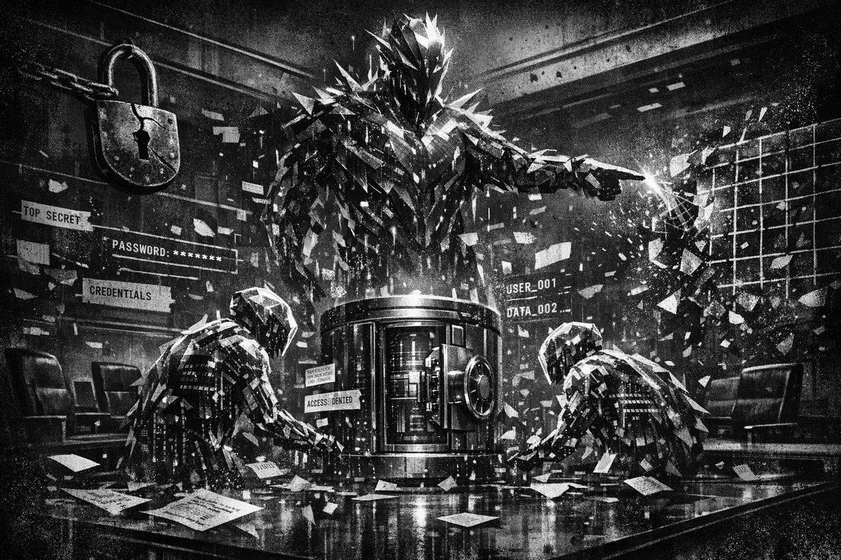 Dark computer screen showing AI agent code with red warning symbols and security breach indicators