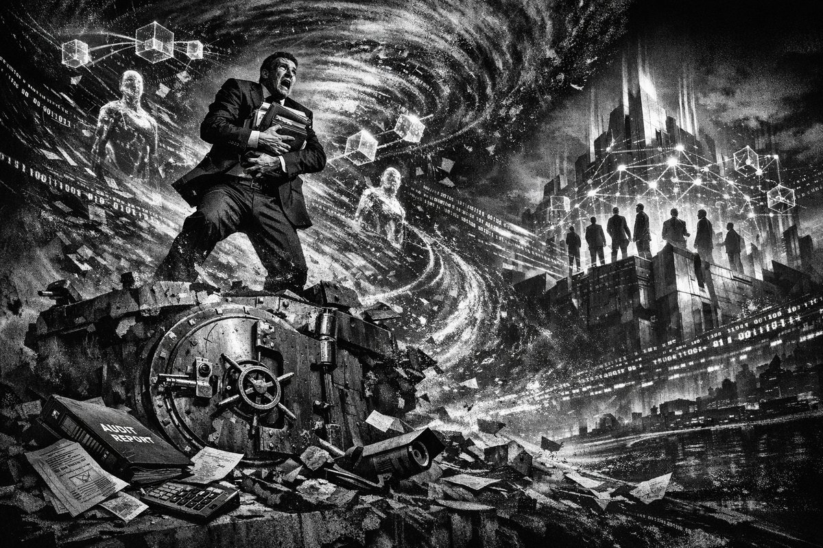 Abstract visualization of AI neural networks interconnected with blockchain nodes, representing enterprise technology convergence