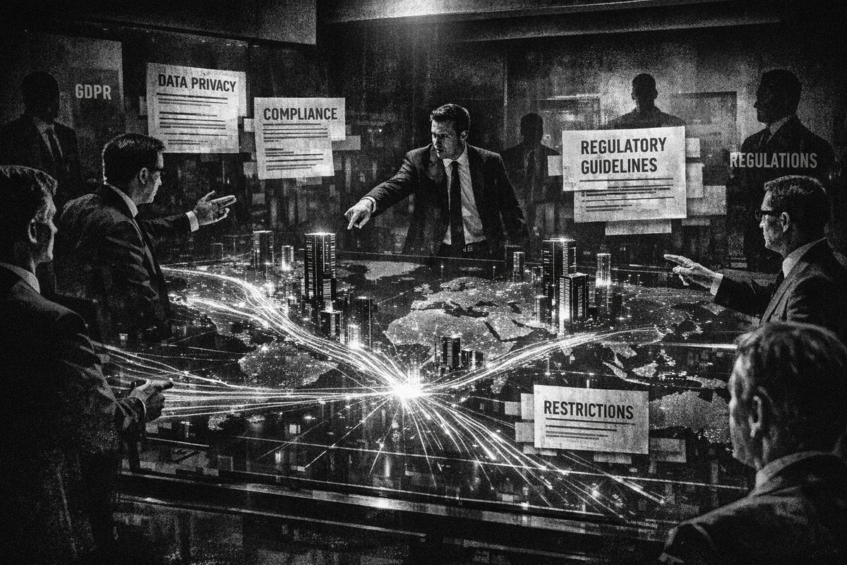 Abstract representation of AI technology symbols overlaid with regulatory frameworks and compliance checkboxes, showing the tension between innovation and governance