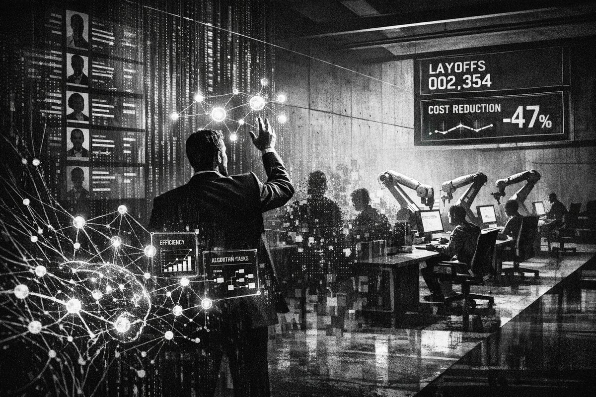 Business professionals analyzing charts showing AI automation impact on employment and layoff trends