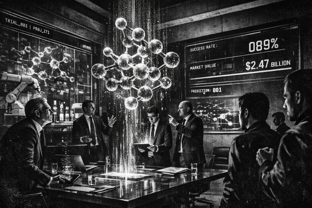 Futuristic laboratory with AI screens displaying molecular structures and drug development data visualization