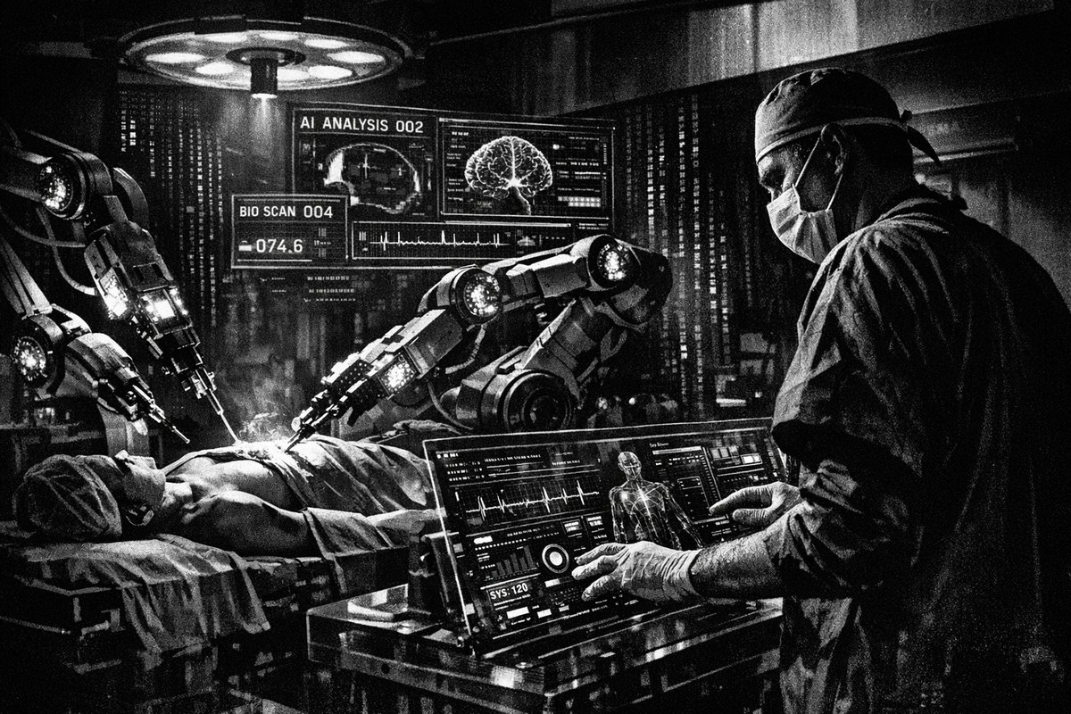 Futuristic medical facility with AI systems monitoring patient care workflows and exception alerts on digital displays