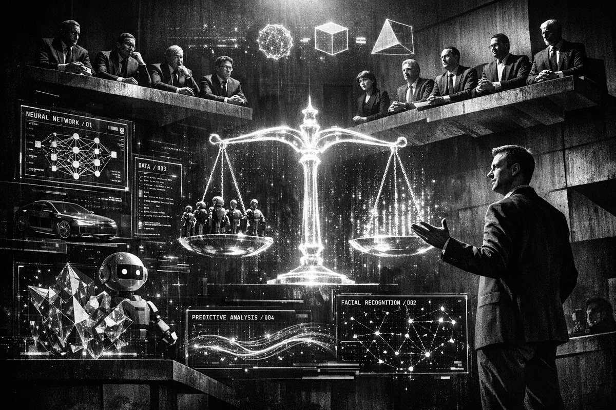 Professional courtroom scene with AI expert witness presenting technical evidence to judge and jury with digital displays showing algorithmic data