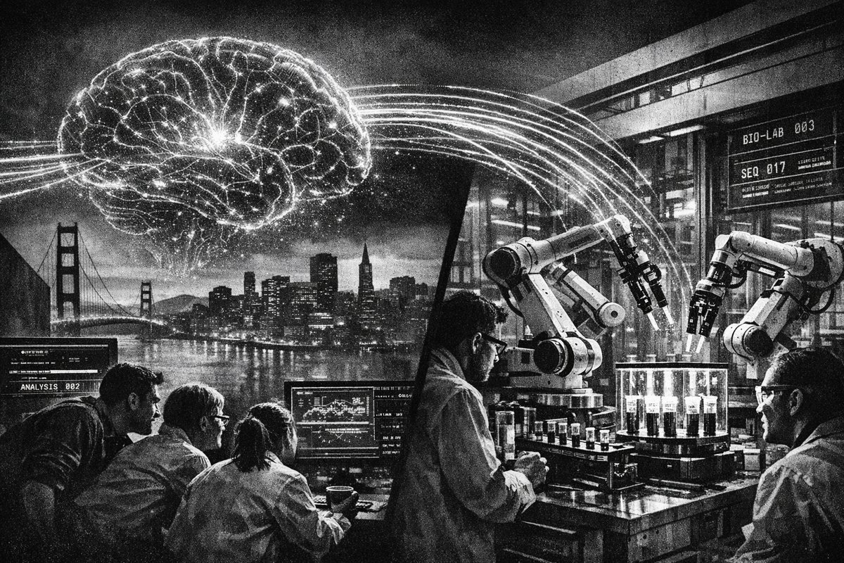 Futuristic autonomous laboratory with robotic arms conducting biological experiments while AI interfaces display data analysis