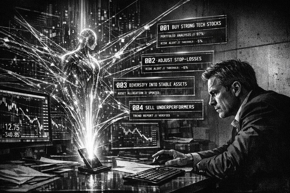 Mobile phone displaying AI financial advisor chat interface with portfolio analysis and investment recommendations