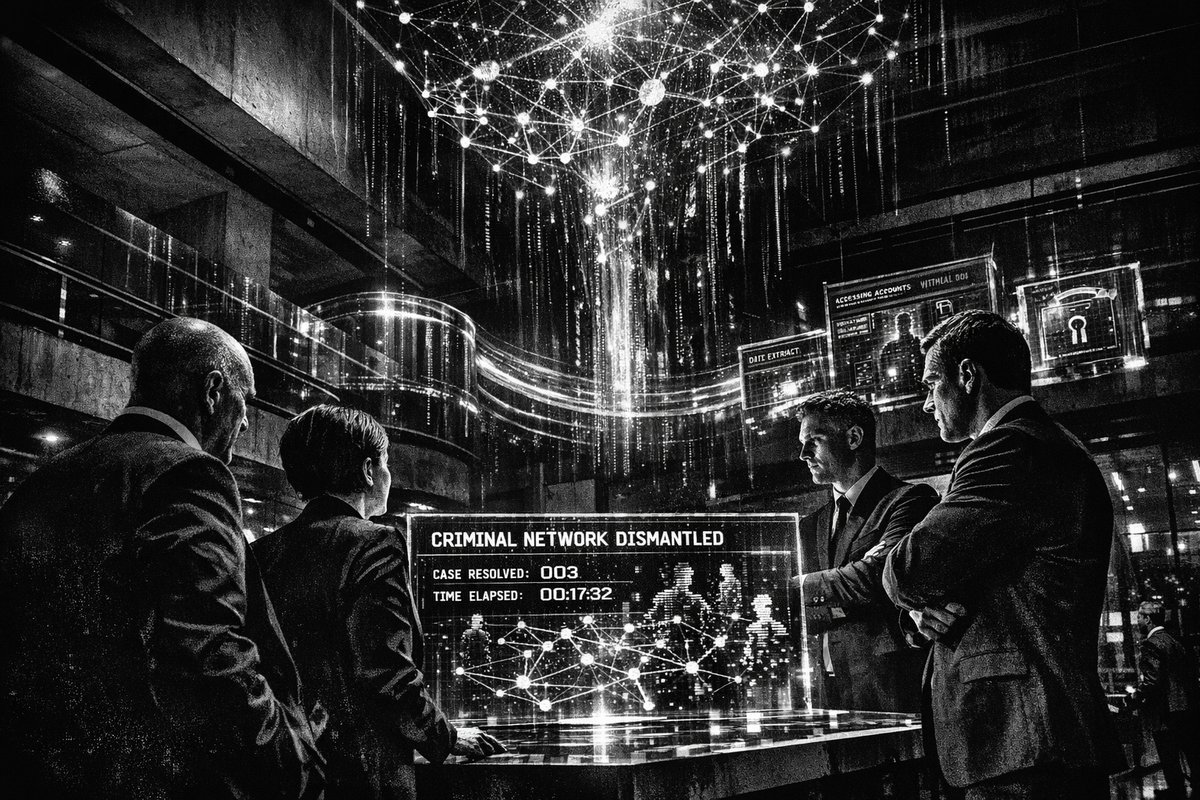 AI-powered financial crime detection system analyzing transaction patterns and data flows on multiple computer screens in a modern banking compliance center