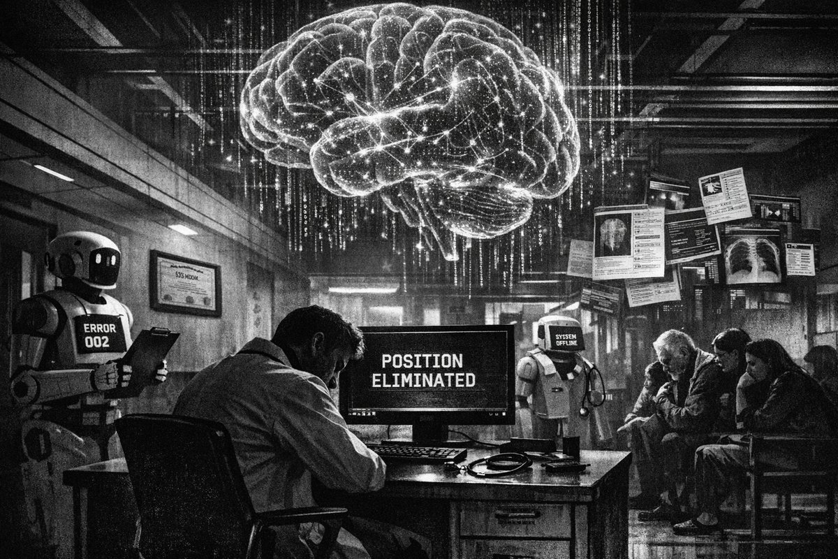 Futuristic medical facility with AI robots and healthcare professionals working together using advanced technology