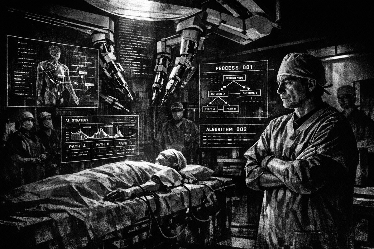 Surgeon operating with robotic assistance and AI-powered surgical navigation systems in a modern operating room