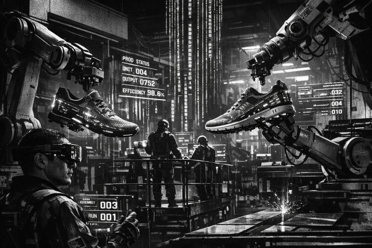 Modern footwear manufacturing facility with AI-powered machinery and digital interfaces displaying production analytics and optimization data