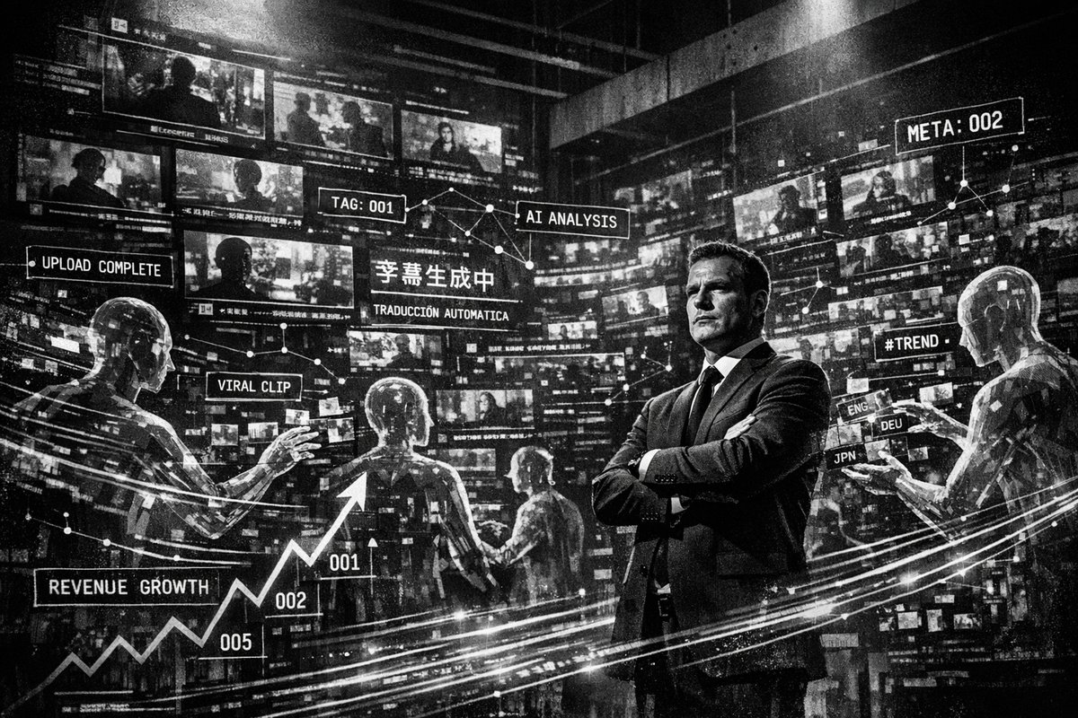 Futuristic streaming operation center with AI-powered screens displaying content metadata, translation workflows, and automated video processing systems