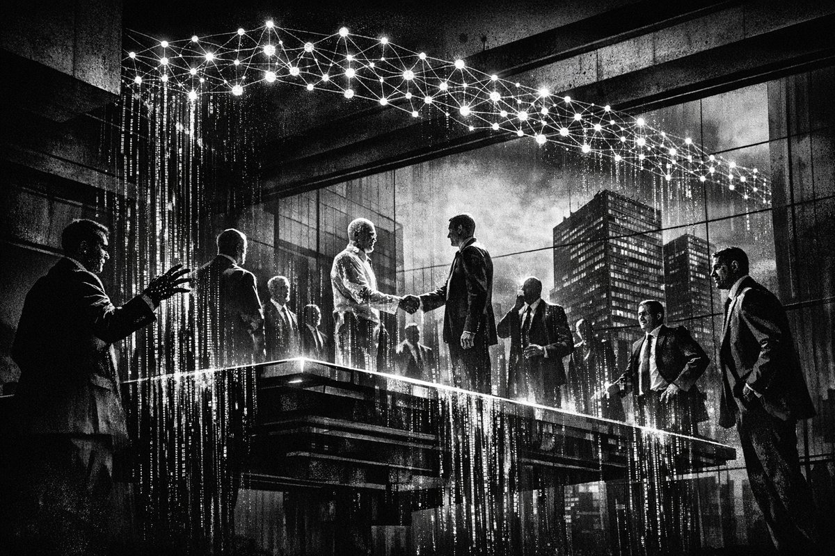 Abstract digital visualization showing interconnected AI nodes and corporate merger symbols representing the intersection of artificial intelligence and M&A transactions