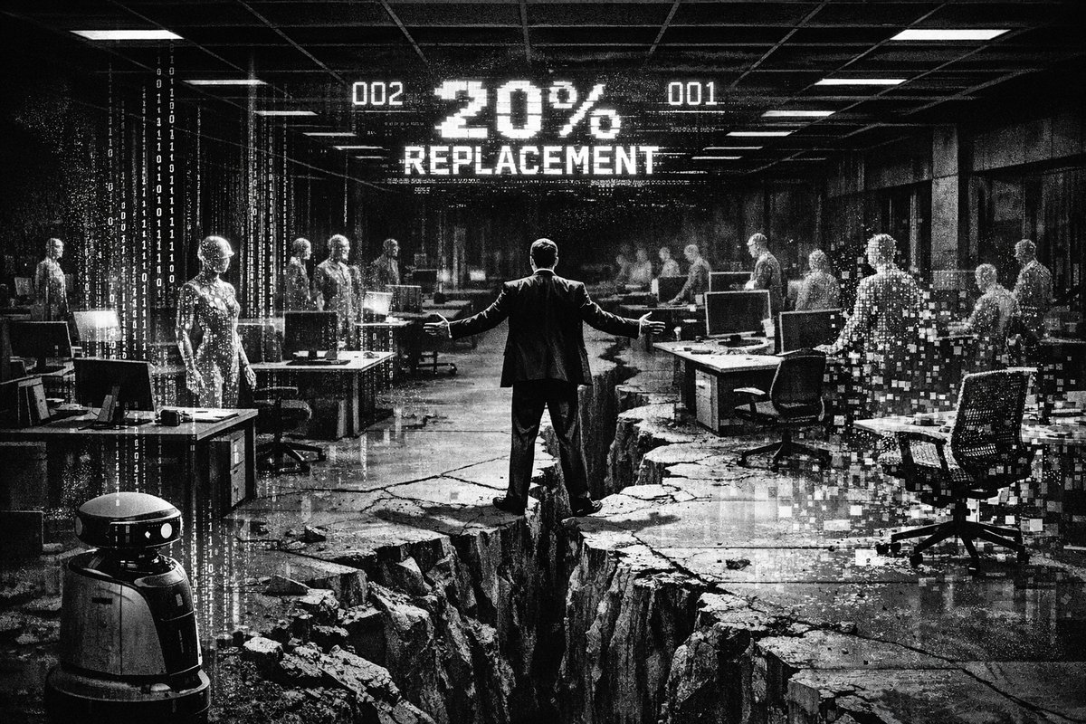 Split-screen image showing traditional office workers on one side and AI interfaces/robots performing similar tasks on the other side, symbolizing job displacement