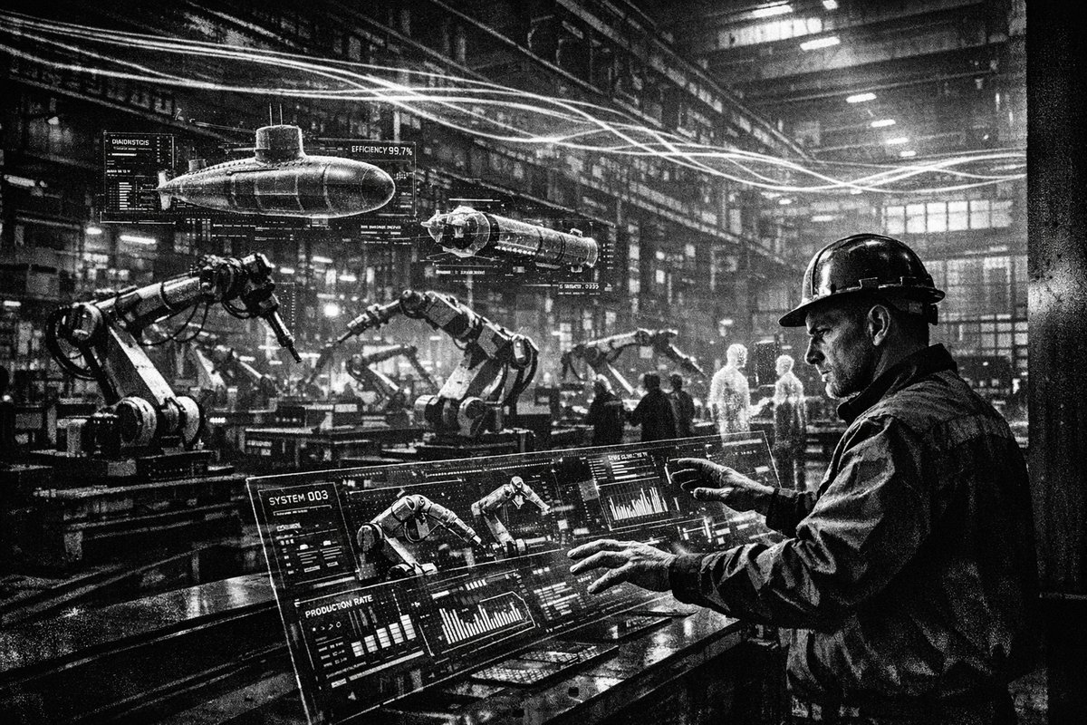 Futuristic AI-powered manufacturing facility with robotic systems and human workers collaborating on production lines