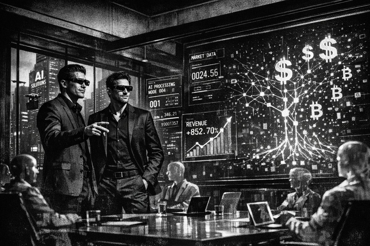 Digital visualization showing AI algorithms analyzing cryptocurrency market data with traditional financial institution buildings in background