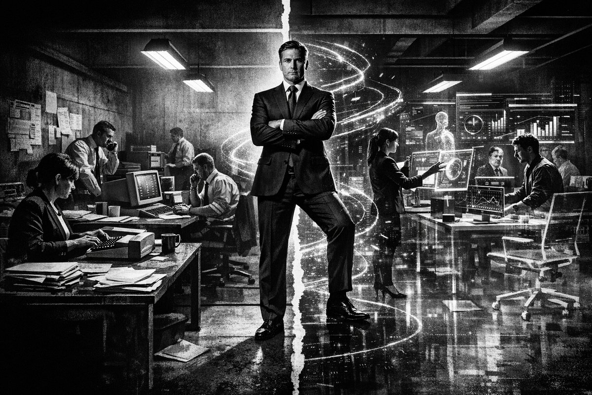 Business professionals working with AI technology and data analytics in a modern office environment