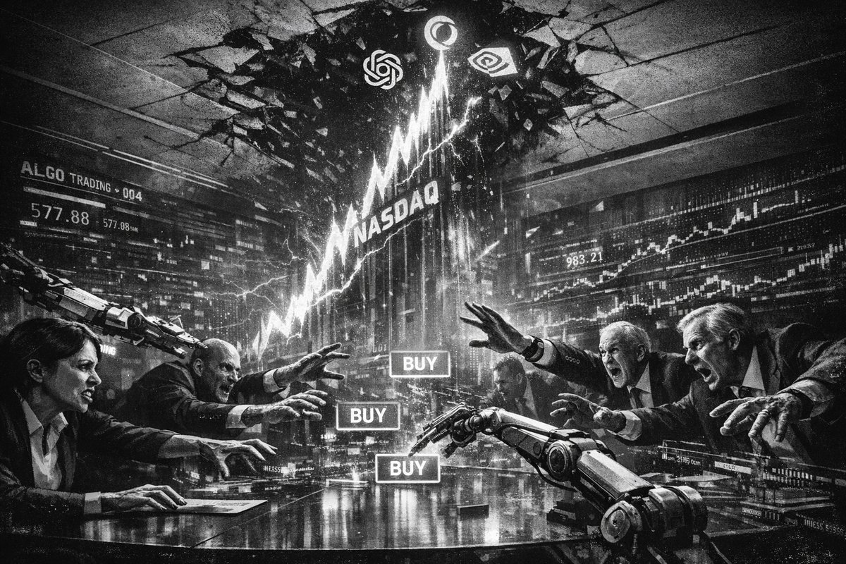 Financial charts showing AI stock performance with upward trending arrows and NASDAQ index data