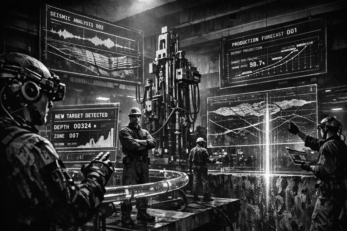 Oil drilling rig with digital overlay showing AI and data analytics integration in energy operations