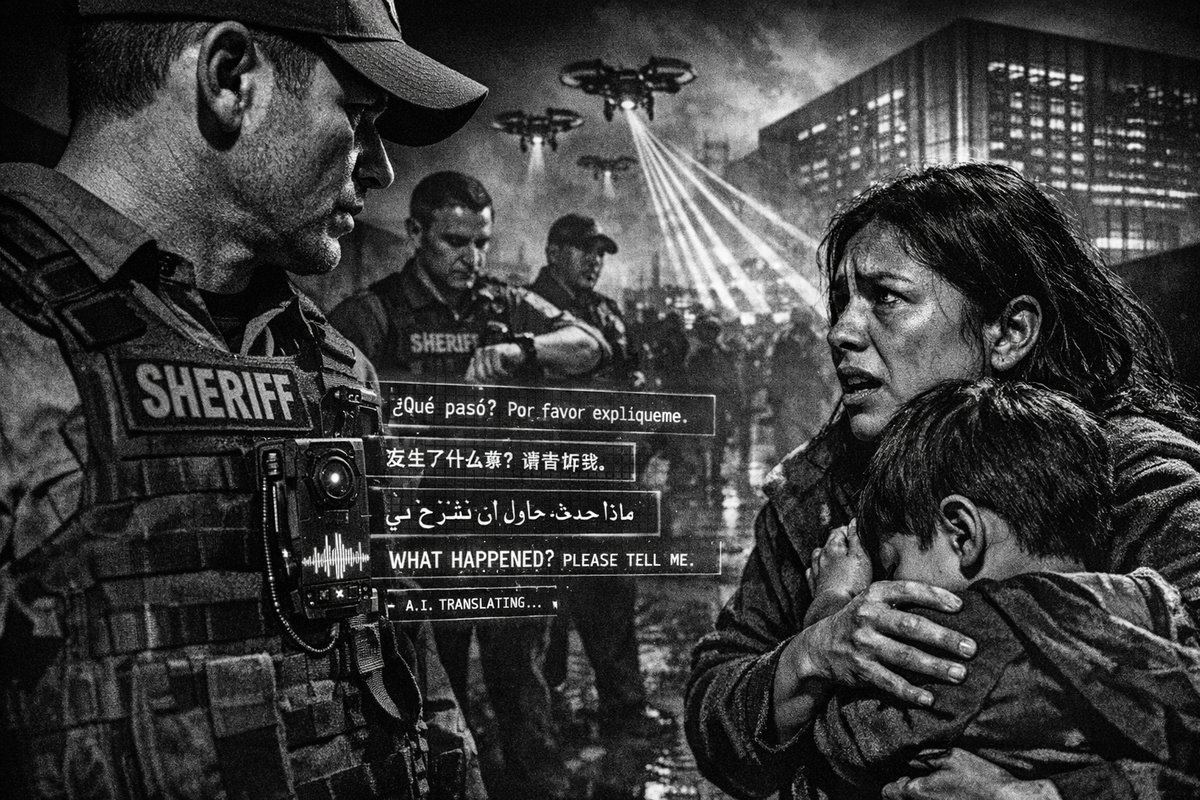 Police officer wearing body camera with AI translation interface displaying multiple language options