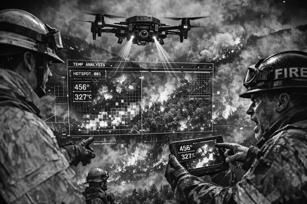 AI-generated thermal heat map overlay on a wildfire scene showing hotspots detected from regular RGB photography