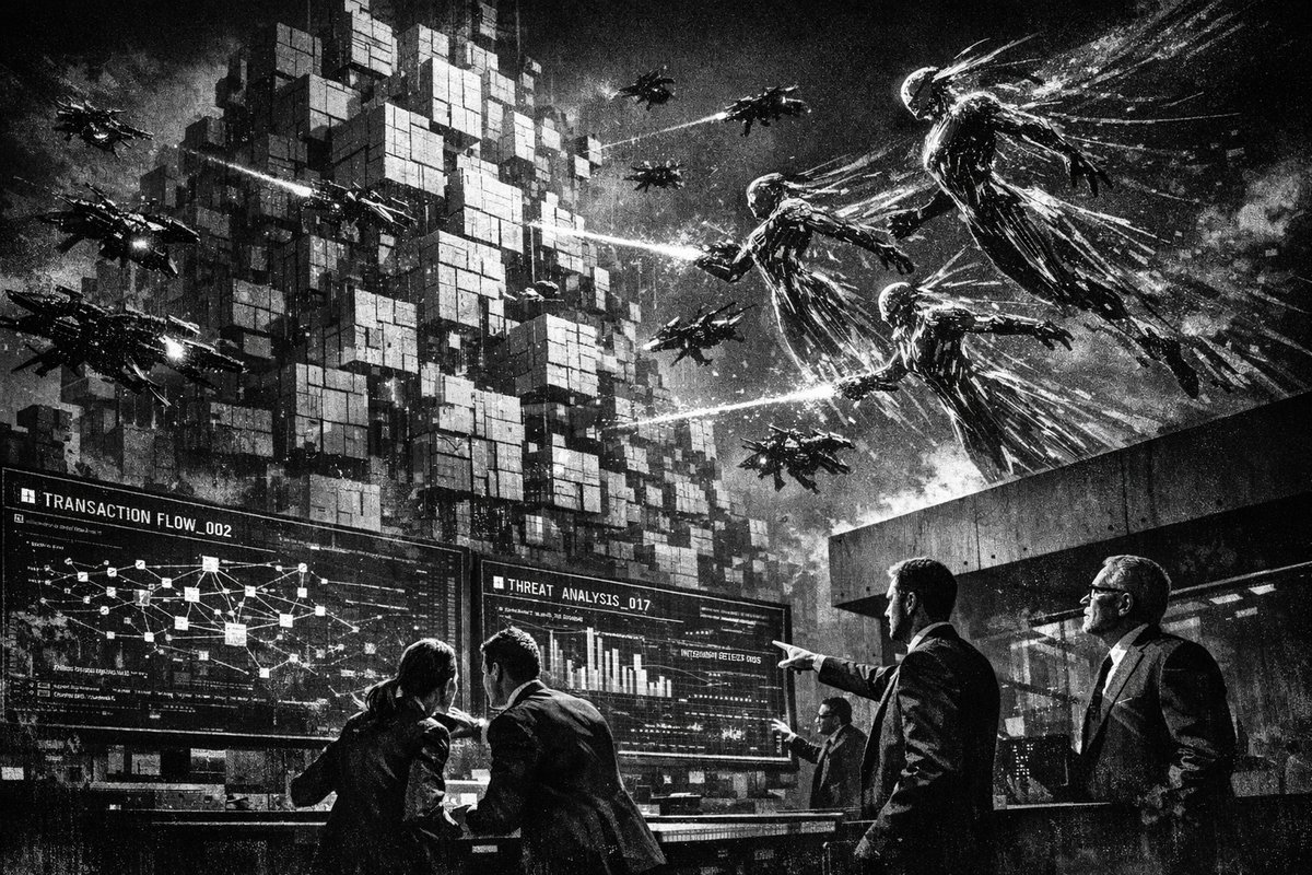 Abstract digital visualization showing AI agents analyzing blockchain networks and cryptocurrency transactions to detect criminal activity