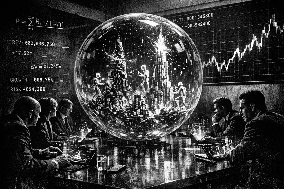 Abstract visualization of AI technology with financial charts and bubble imagery representing market speculation versus infrastructure development