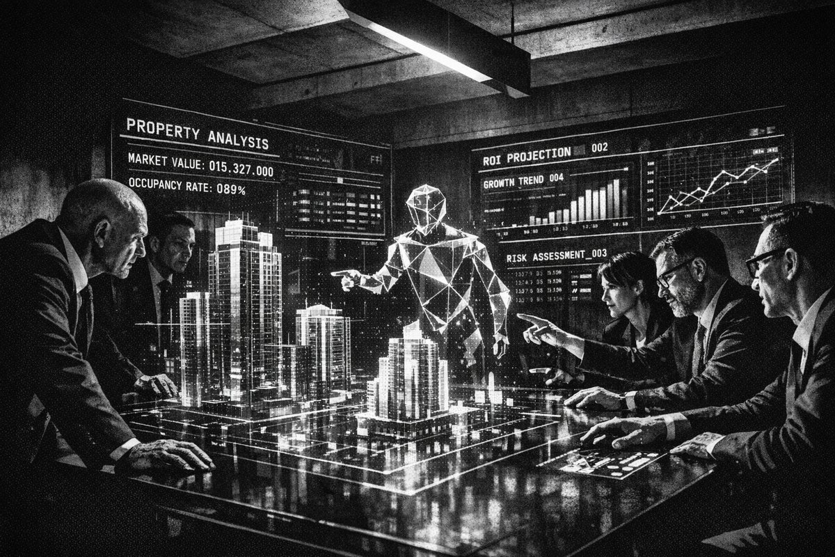 Futuristic smart building with AI technology integration and digital property management interfaces