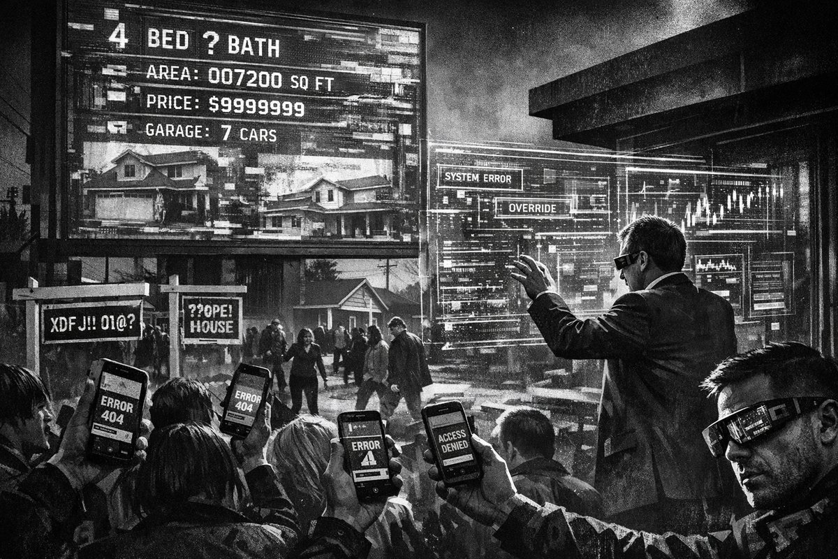 Futuristic AI-powered real estate dashboard with property analytics, data visualizations, and automated market reports displayed on multiple screens