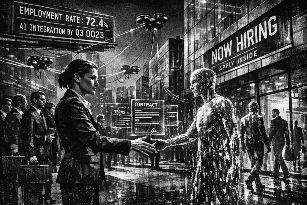 Digital illustration showing AI agents working alongside humans in a modern office environment with Amazon branding and hiring-related graphics