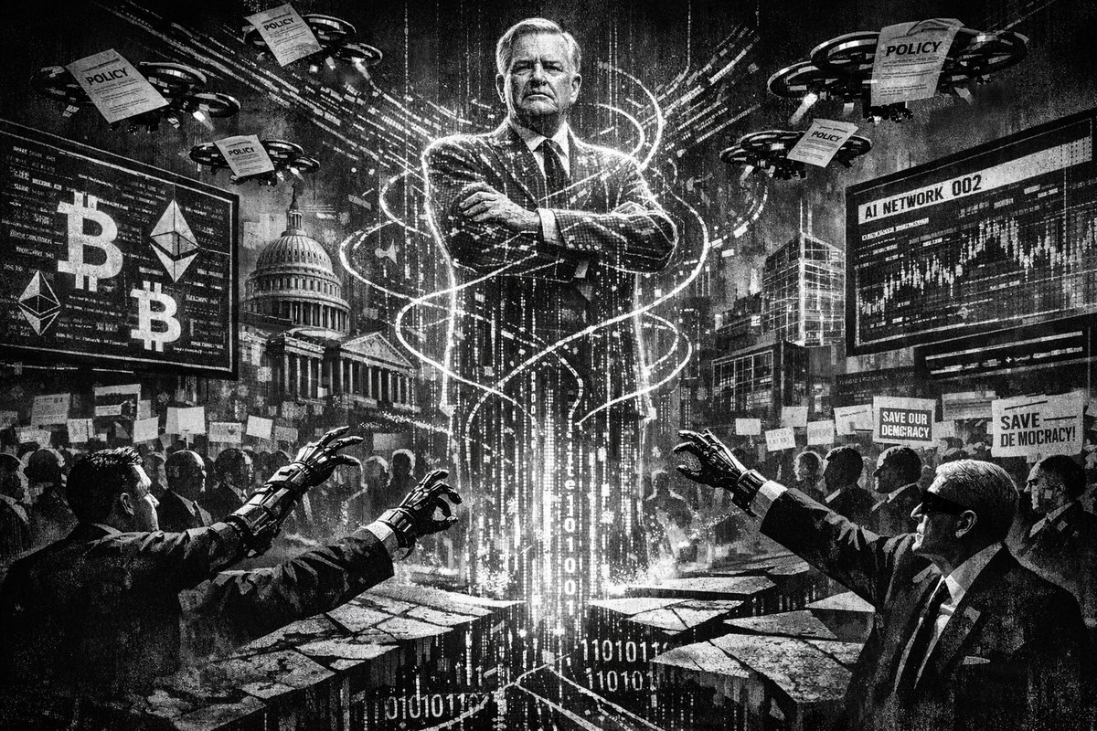 Former politician speaking at podium with technology and political imagery in background