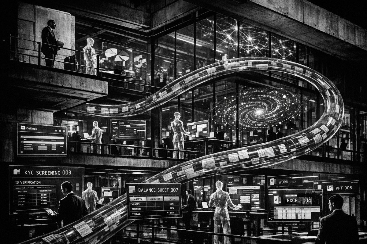 AI agents working on financial documents and spreadsheets in a modern office setting