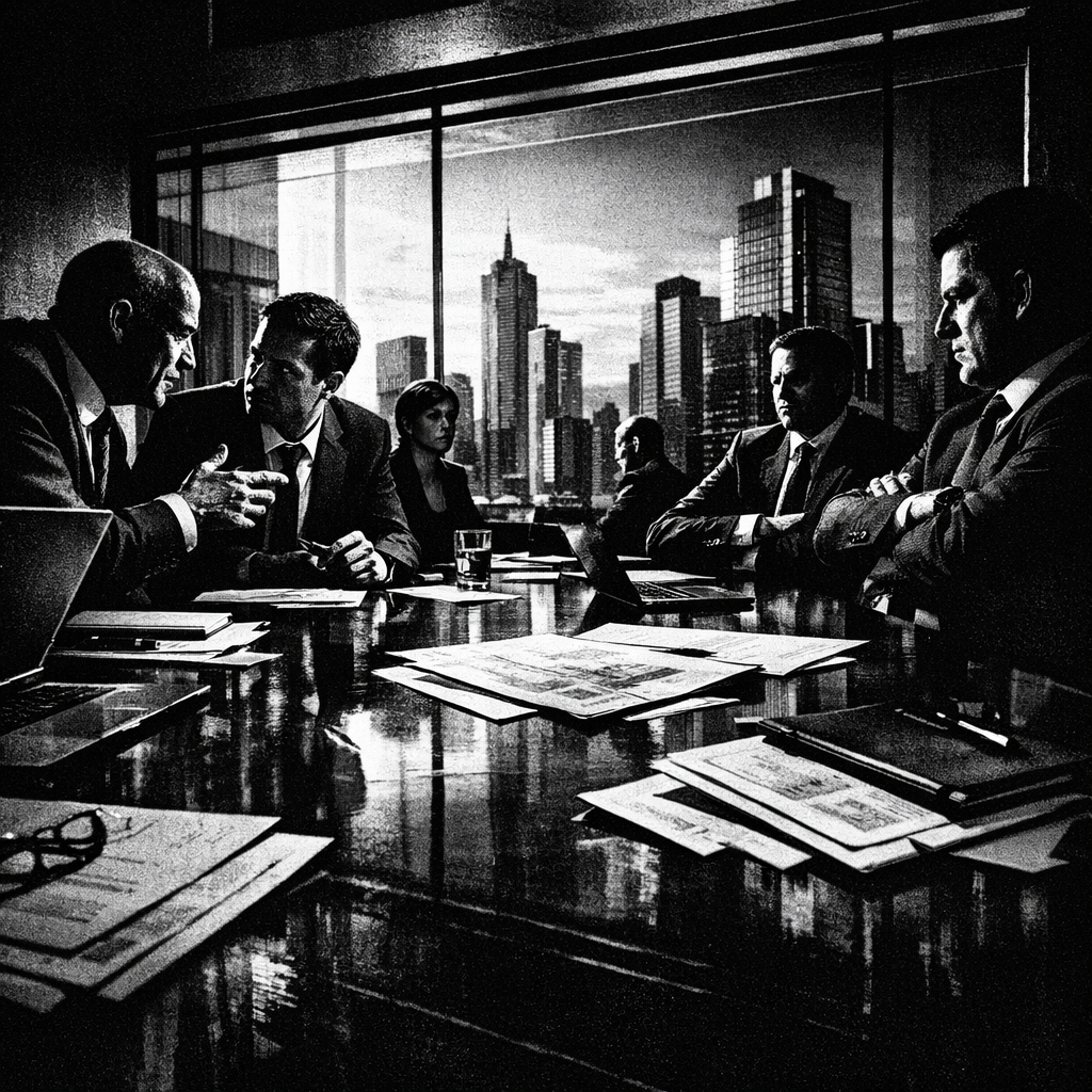 Business executives in a modern boardroom reviewing AI technology dashboards and analytics on wall-mounted screens