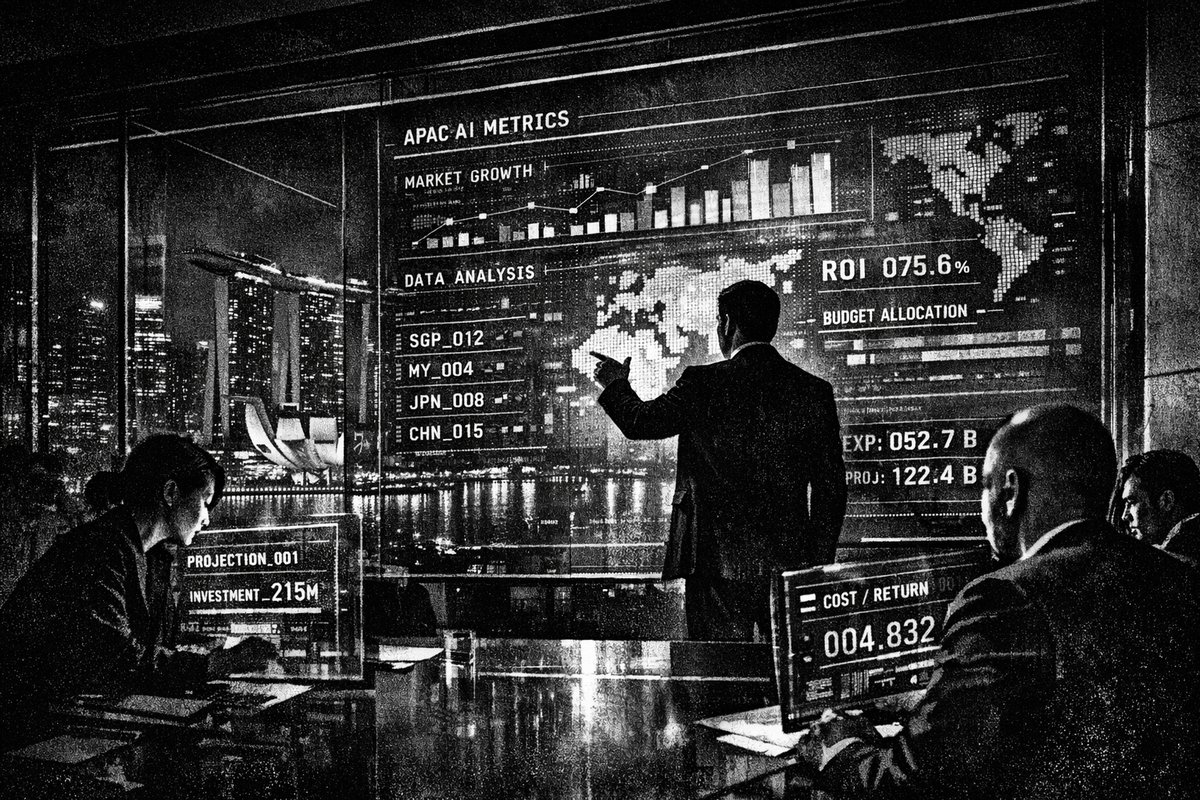 Modern office meeting room with diverse APAC business executives reviewing AI implementation charts and financial reports on digital displays