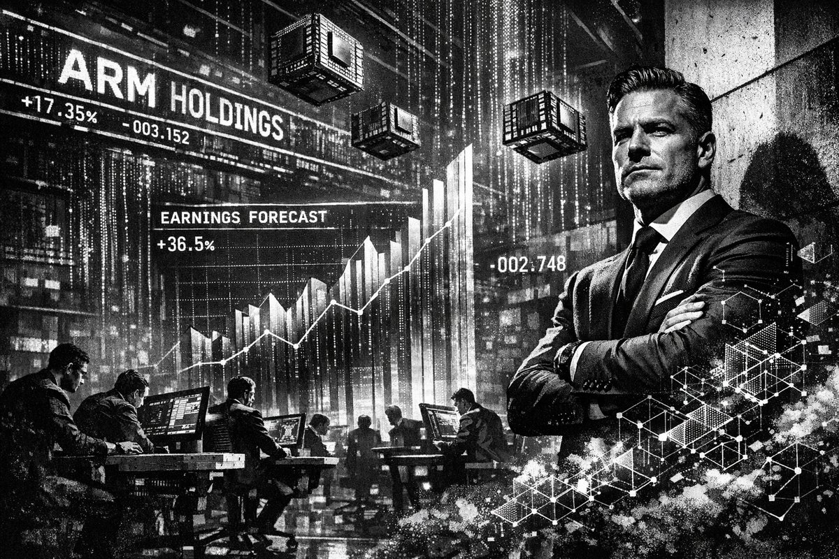 ARM Holdings logo and stock chart showing technical analysis and market performance indicators