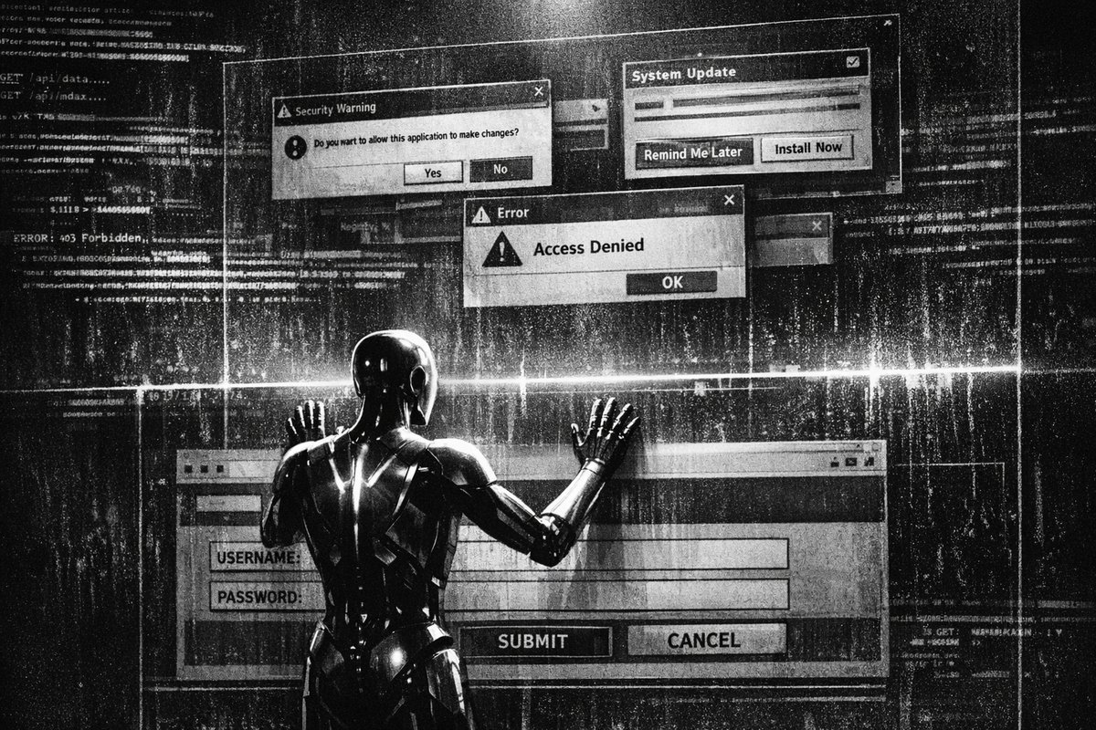 Abstract visualization of AI agent breaking through browser boundaries to control operating system elements and native dialogs