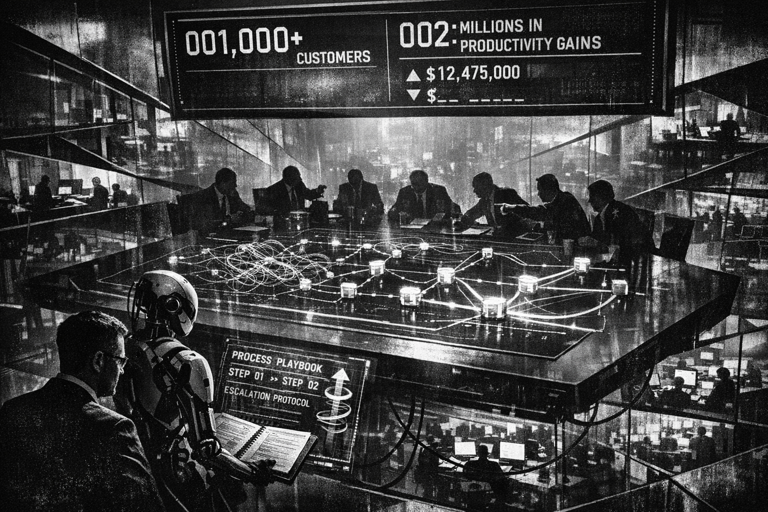 Abstract visualization of AI agents working within enterprise workflows, showing interconnected systems and decision points in a modern corporate environment