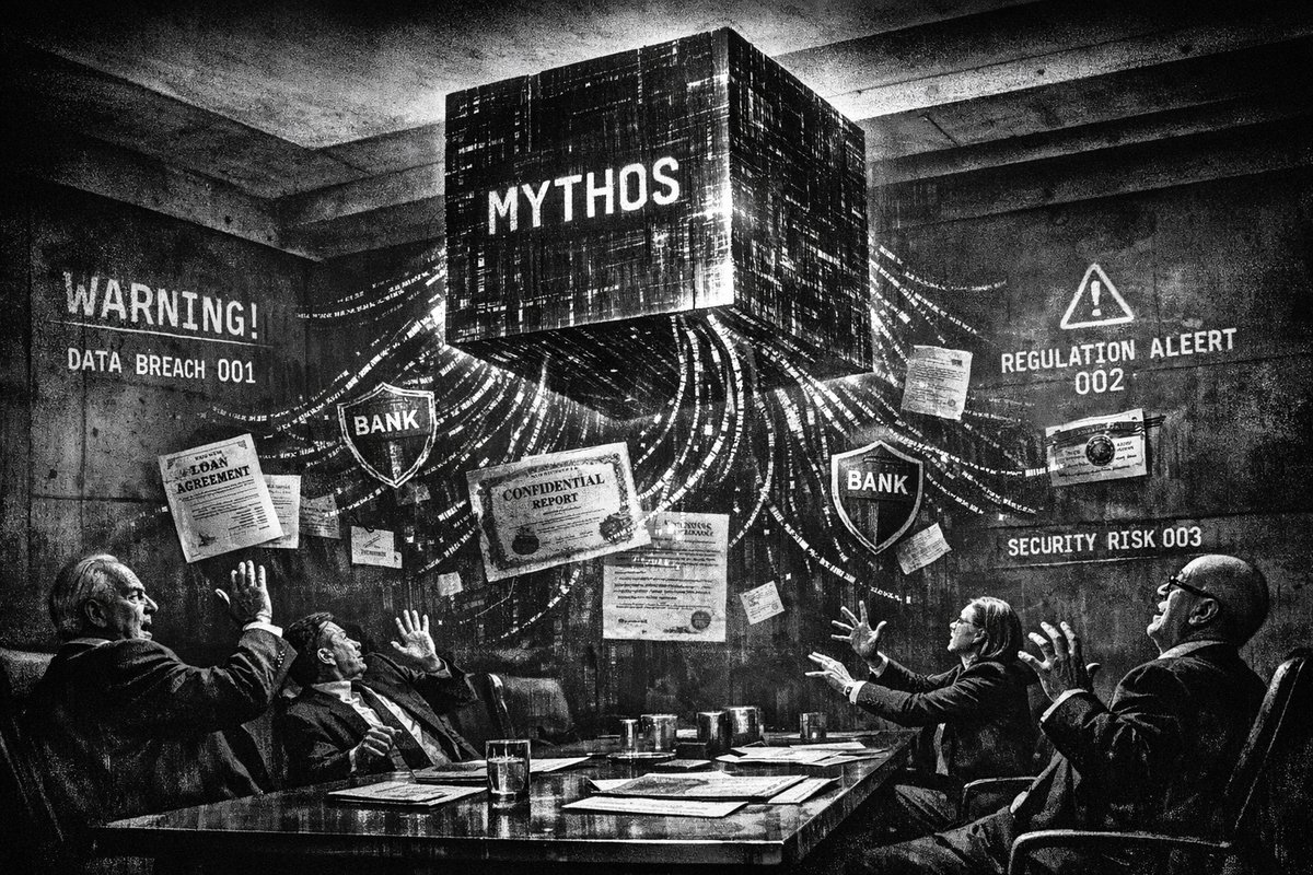 Federal officials meeting with bank executives around a conference table discussing AI cybersecurity threats, with digital security warning symbols and code displayed on screens in the background