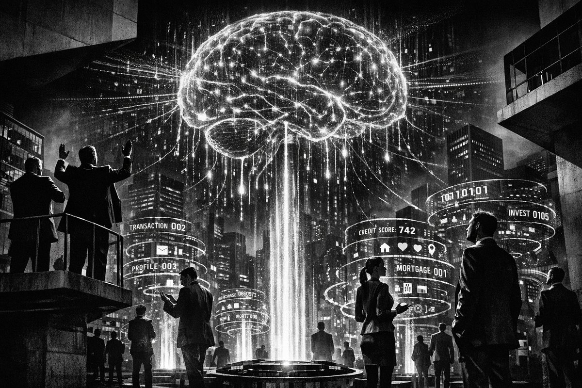 Abstract visualization of interconnected data streams and computing networks representing hyperpersonalized banking systems powered by high-performance computing