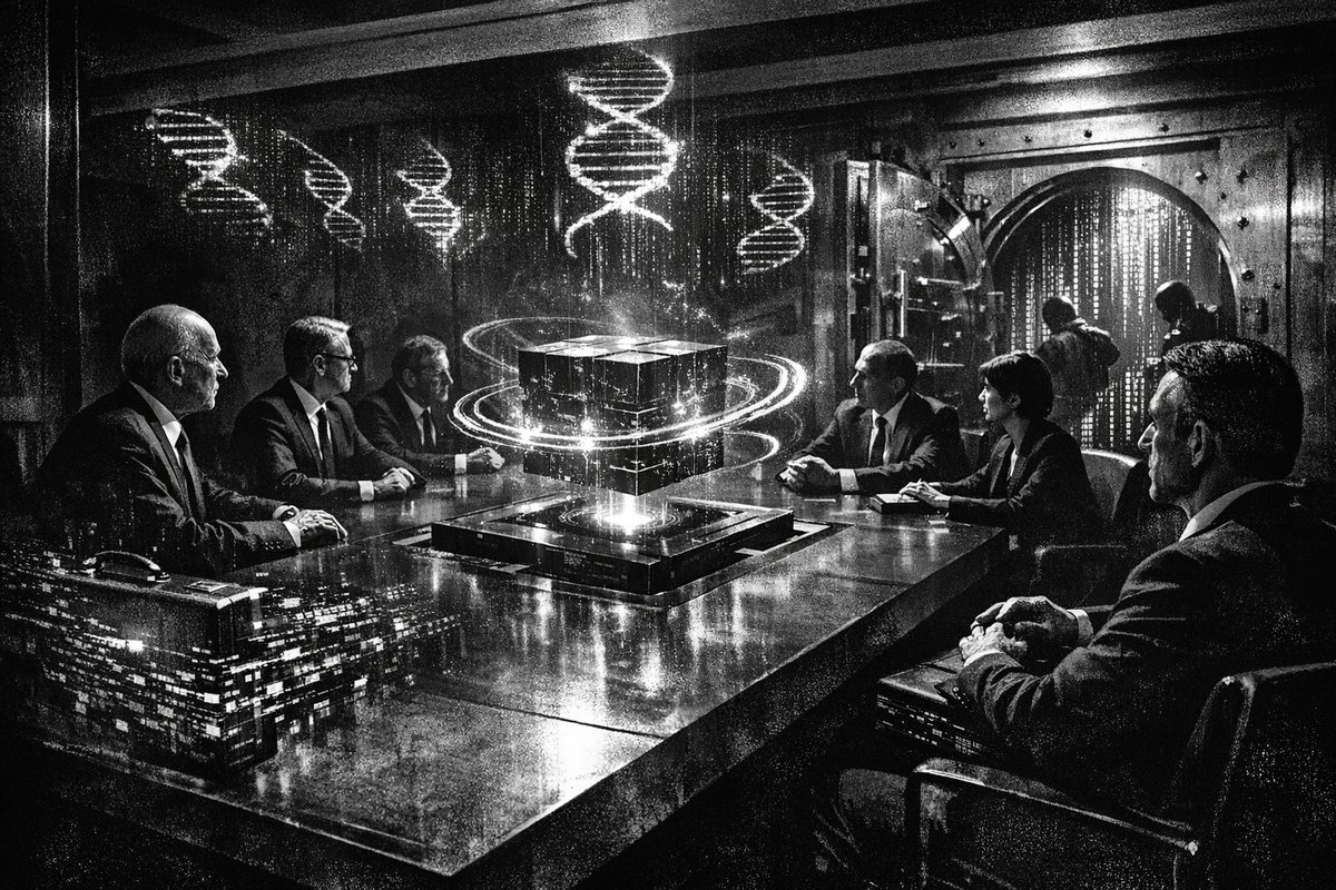 Futuristic quantum computer processors floating above traditional banking buildings, symbolizing the quantum technology revolution in finance