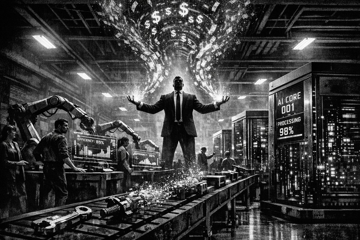 Industrial robots and AI automation systems transforming a modern manufacturing facility with digital overlays