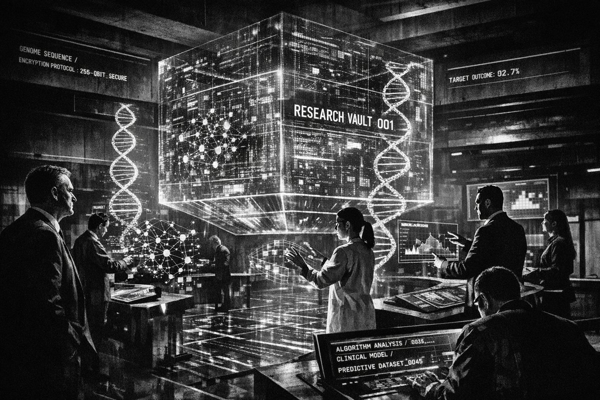 Healthcare professionals reviewing digital research data on computer screens, representing the intersection of blockchain, AI, and medical innovation