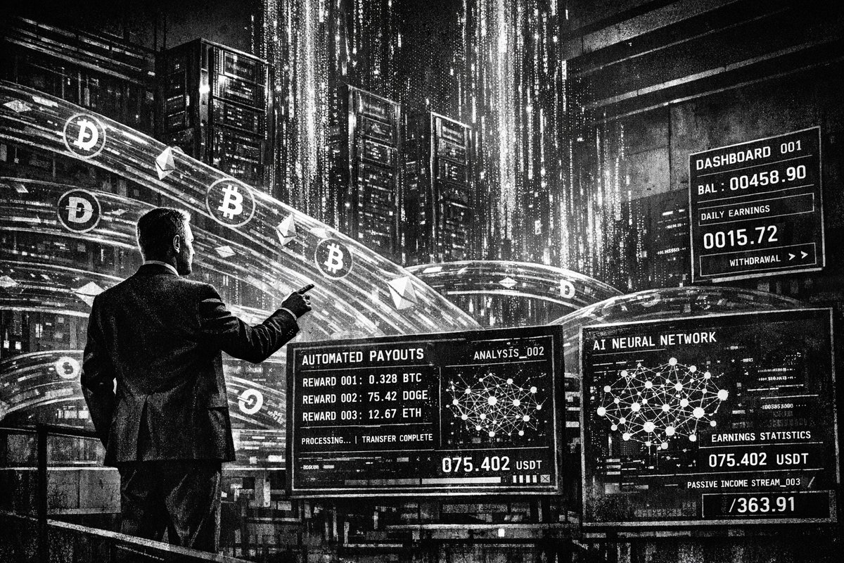 Digital illustration showing AI neural networks connected to Dogecoin symbols and blockchain infrastructure with computing power visualization