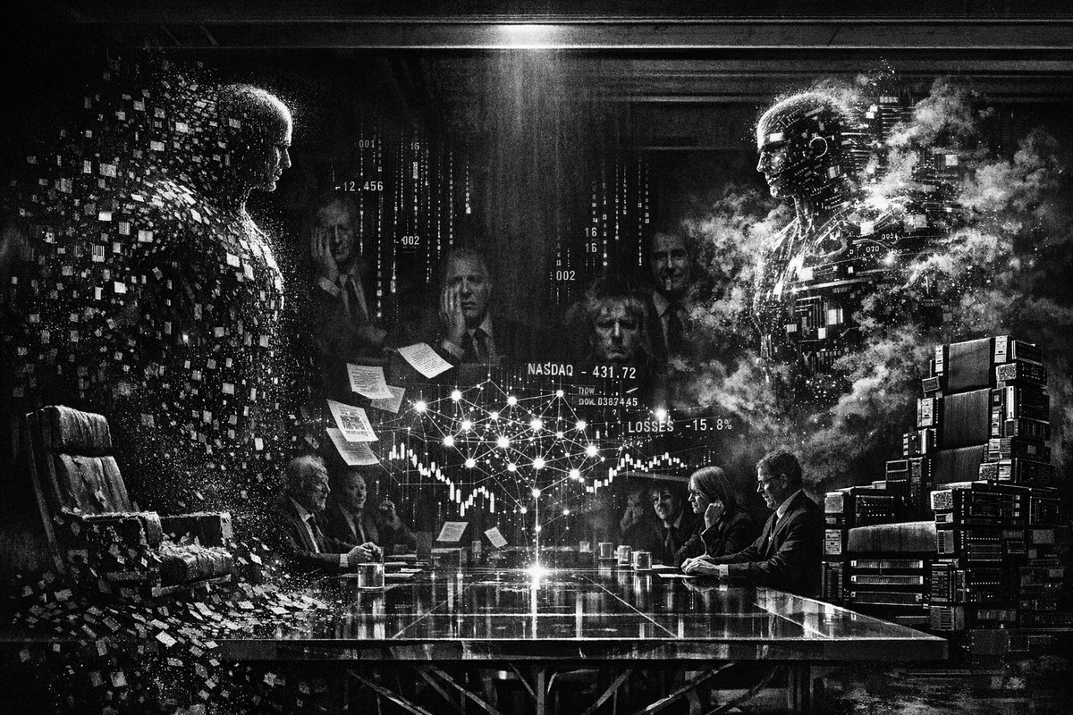 Business executives in a boardroom meeting discussing strategic corporate decisions with financial charts and semiconductor industry data displayed on screens