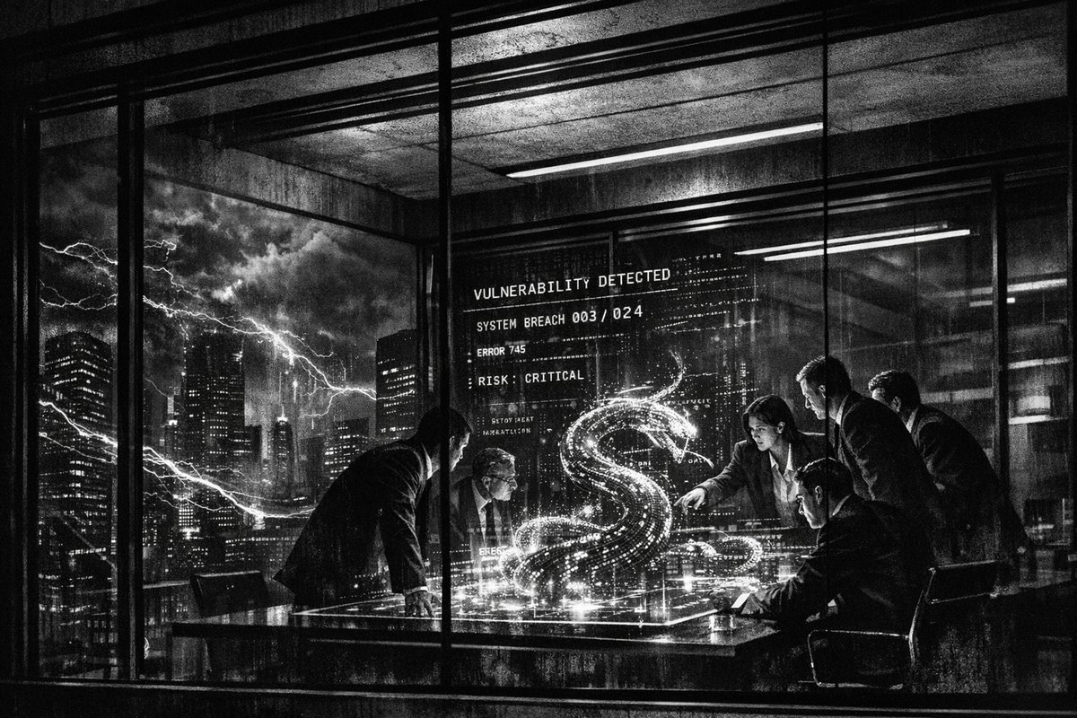 Banking executives in a boardroom discussing cybersecurity threats from artificial intelligence with digital security graphics on screens